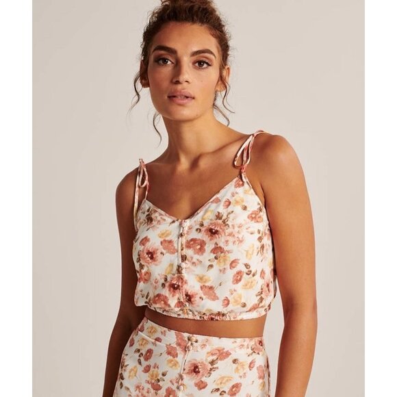 Abercrombie Flirty Romantic Floral Button Front Tie-Strap Feminine Crop Top Cami - Picture 1 of 13